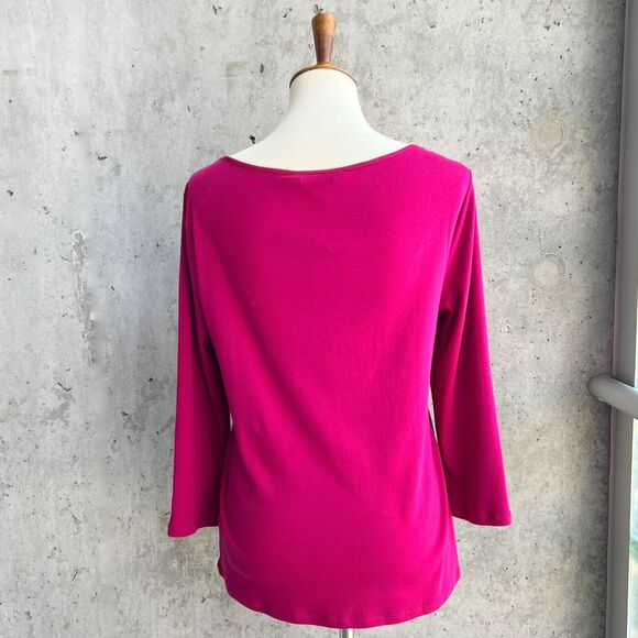 Lauren by RL Fuchsia Pink Contrast Trim Scoop Neck 3/4 Sleeve Top-Size L - Picture 4 of 10